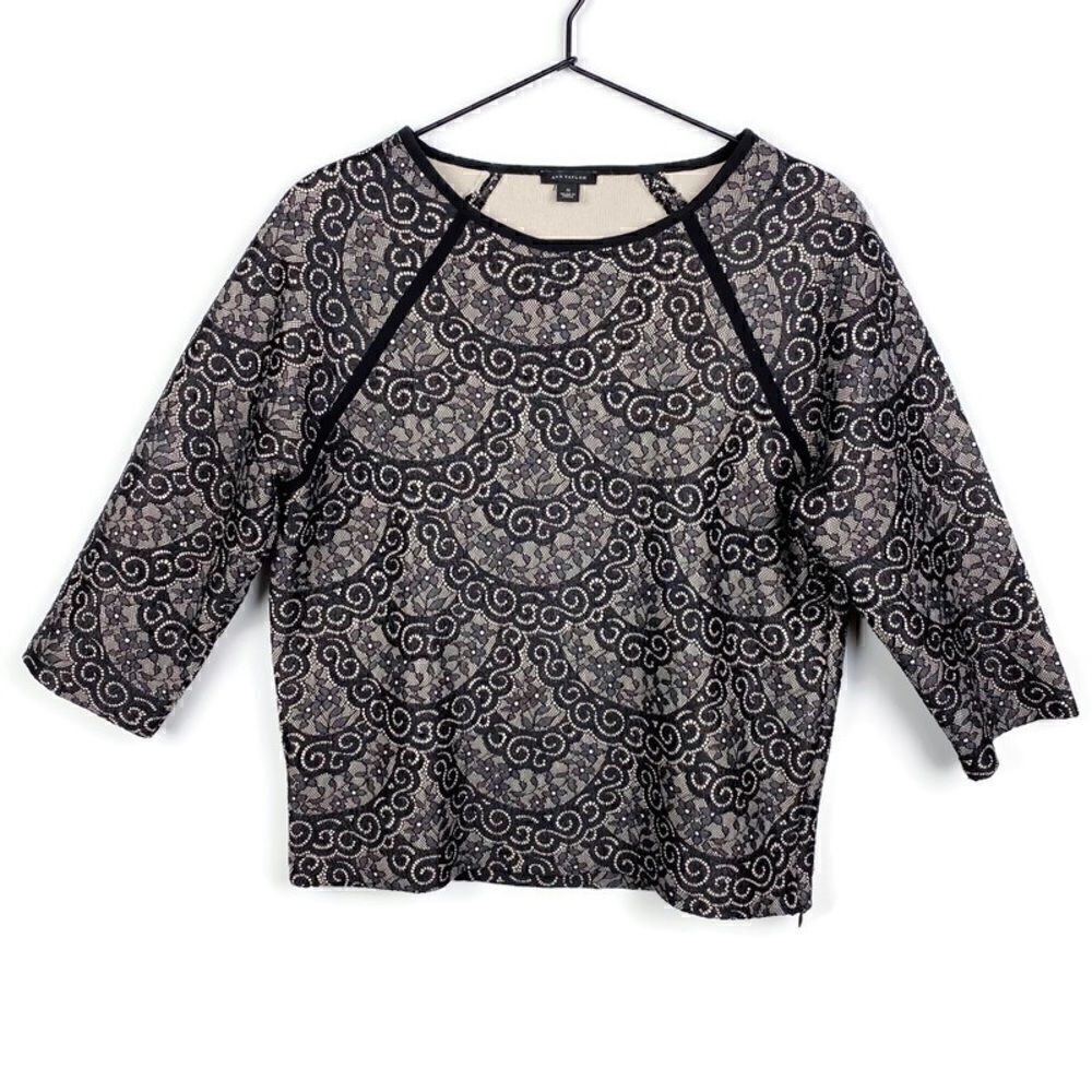 Ann Taylor Black Lace & Cream Structured Long Sleeve Sweatshirt Top S
